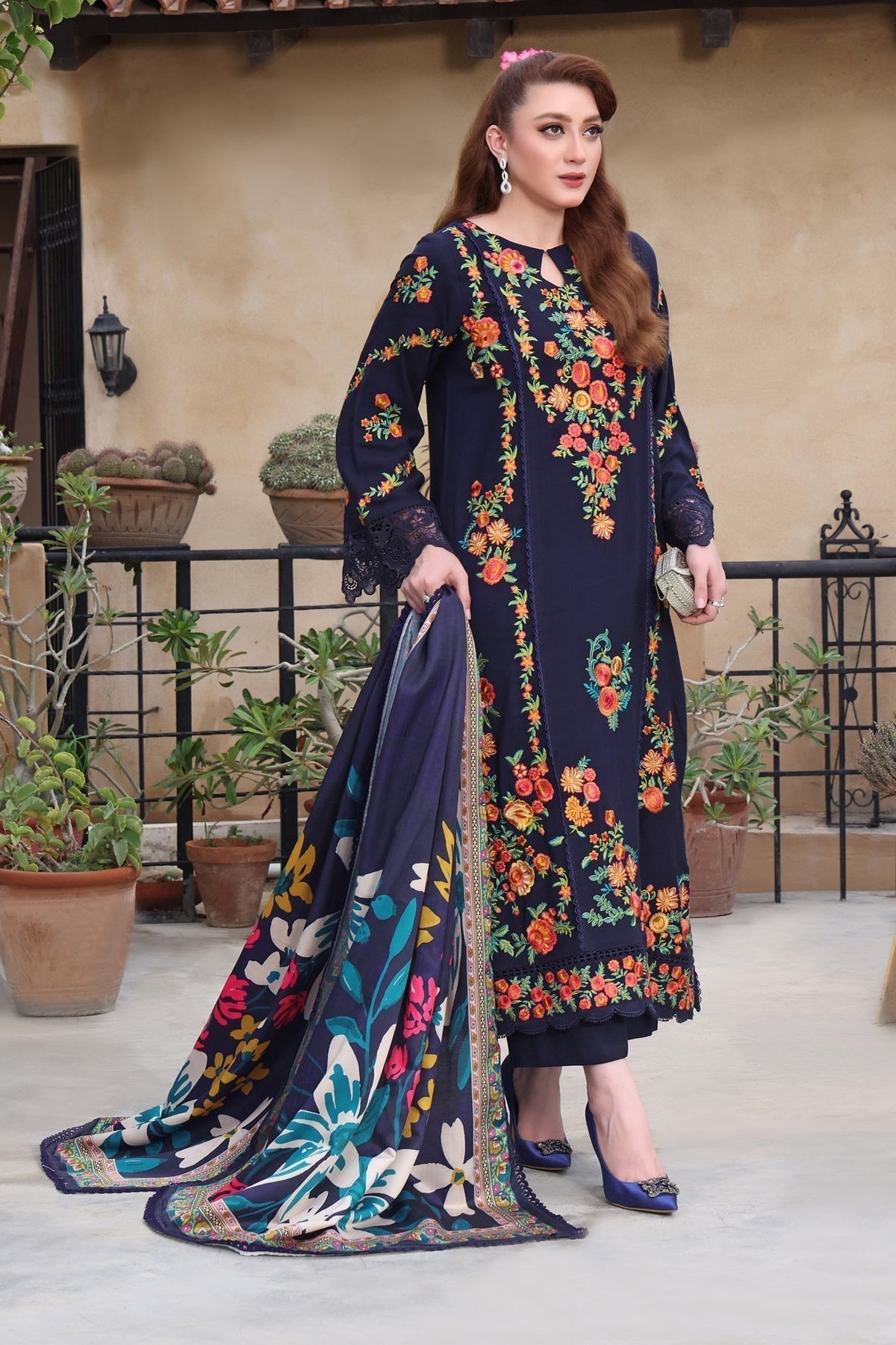 3PC - Lawn EMBROIDERED SHIRT WITH COURTRAI PRINTED Dupatta & TROUSER - A676